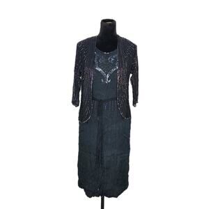 Sister Max Vtg 80s Black Silk Beaded Dress & Jacket 2-Piece Set S/M Cocktail
